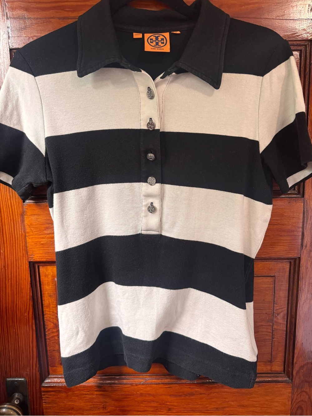 Vintage Tory Burch Black & White Striped Polo Shirt with Ornate Silver Buttons
